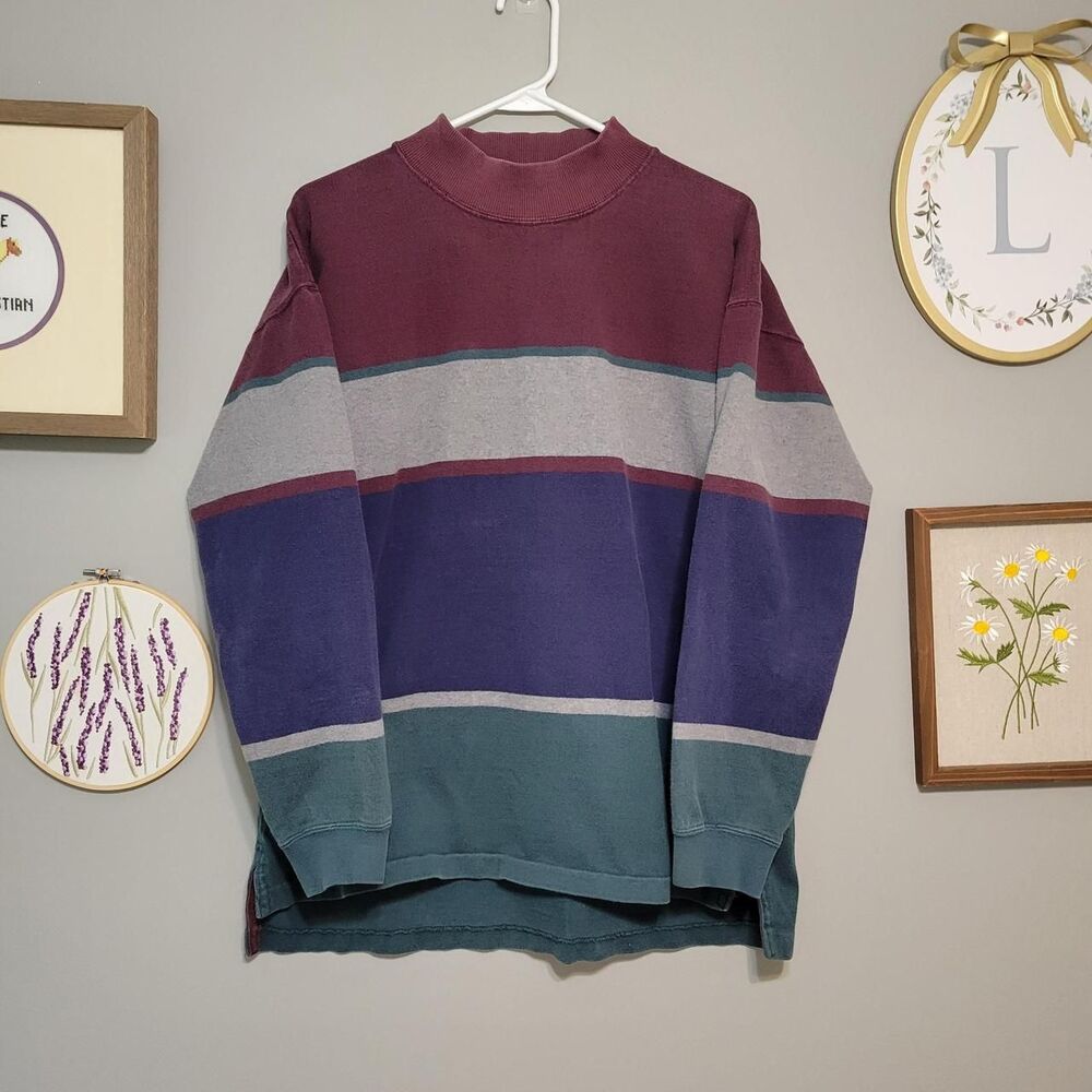 Vintage 90s Eddie Bauer Sport Shop Striped Mock Neck Sweatshirt Streetwear Indie